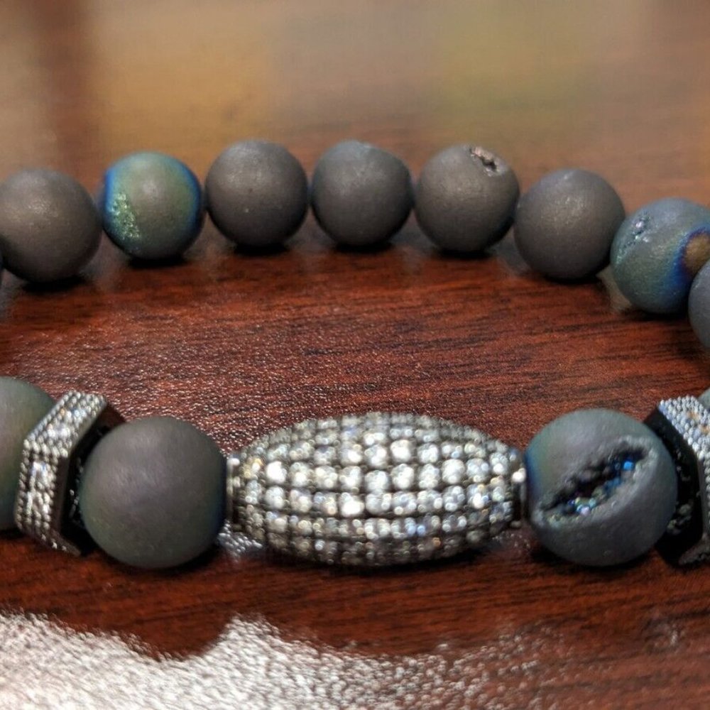 New Women's Druzy Agate Black Pave Geode Gunmetal Bracelet 10mm